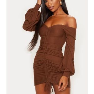 Brown Ribbed Bardot Balloon Sleeve Ruched Dress